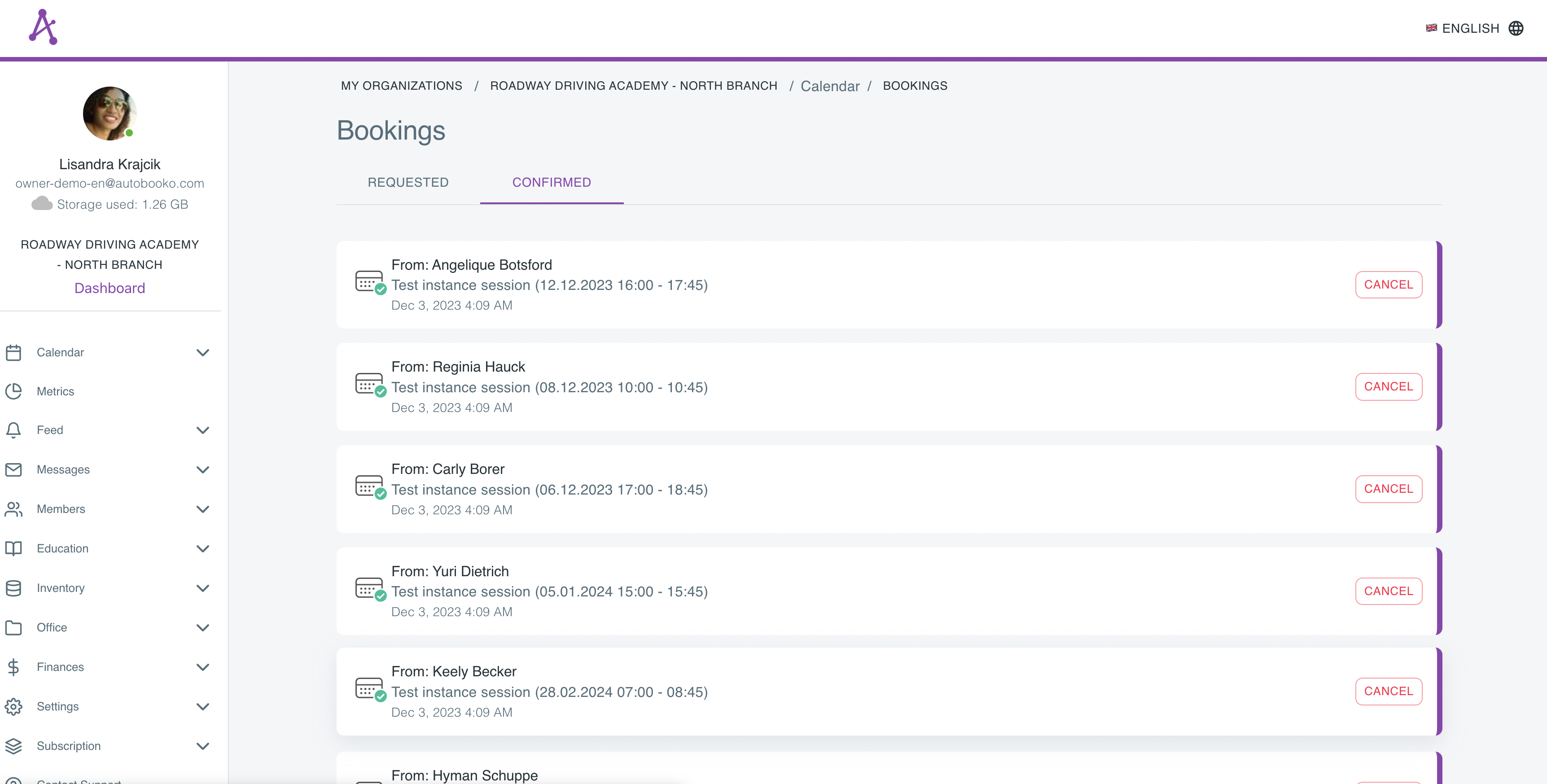 List of bookings that were confirmed by employees, each of them can be canceled