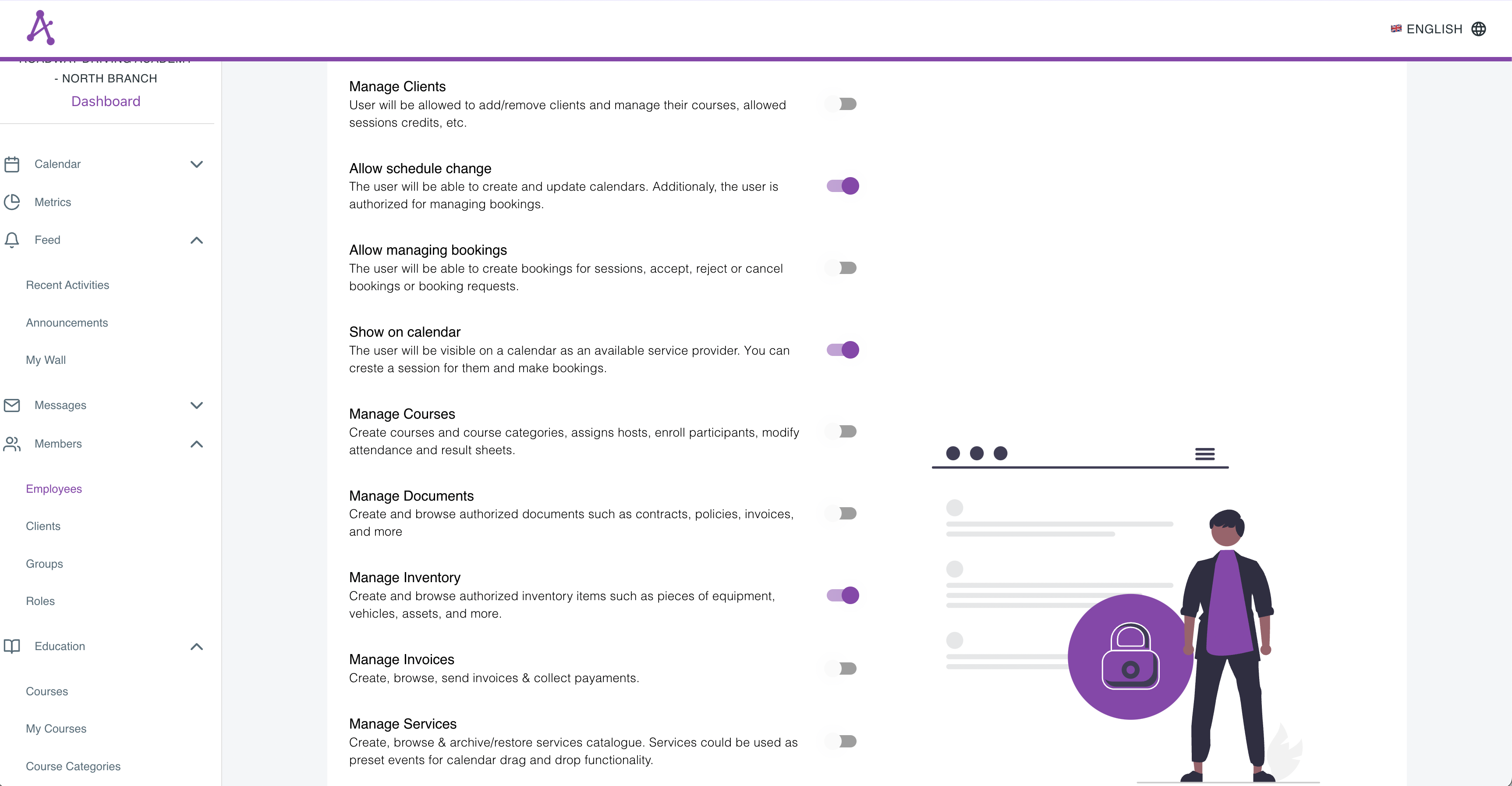 Form with a list of different privileges and a toggle button allowing to grant/revoke a given privilege