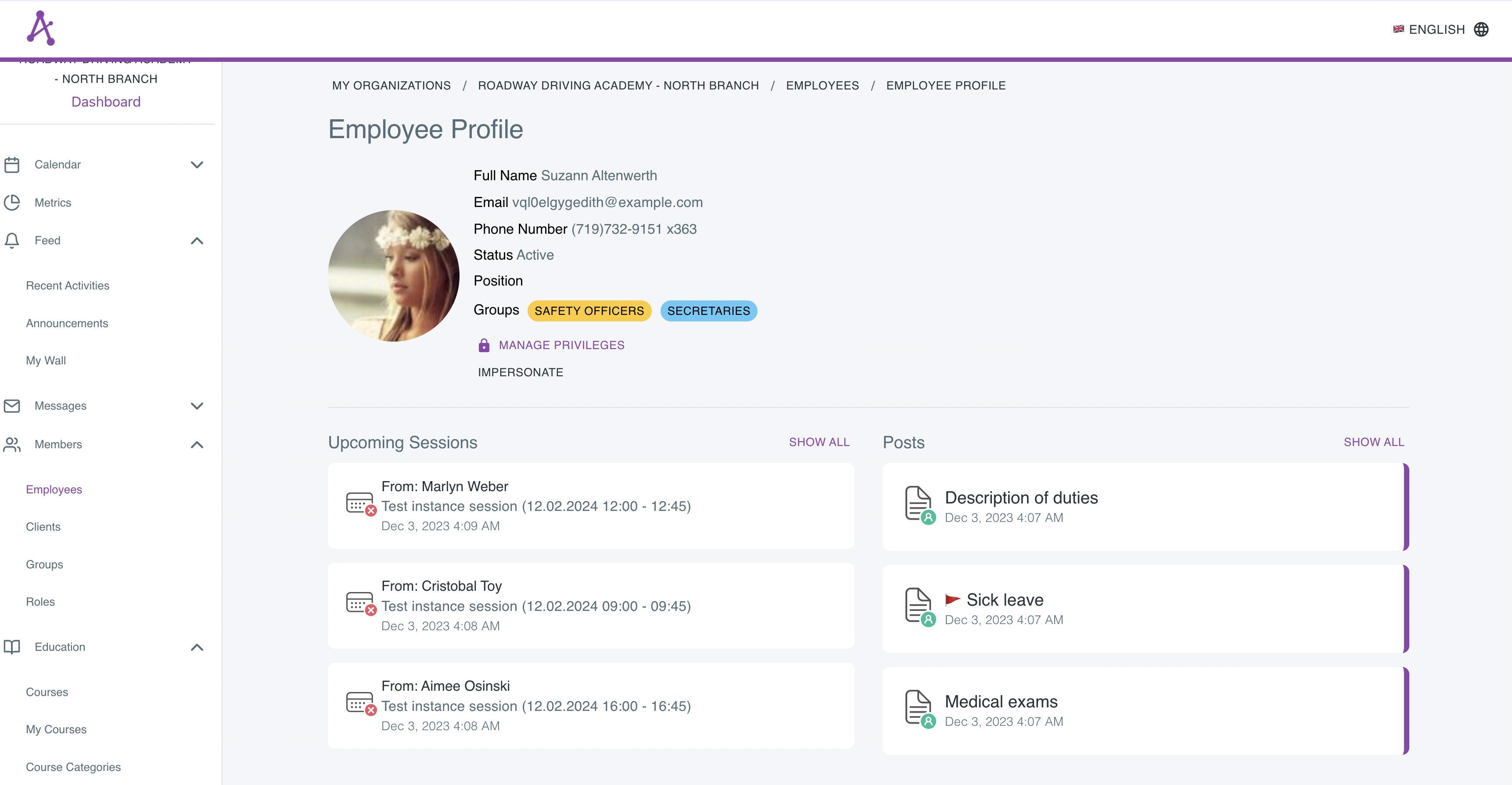 Employee profile with personal data, upcoming sessions, posts, and edit privilege button