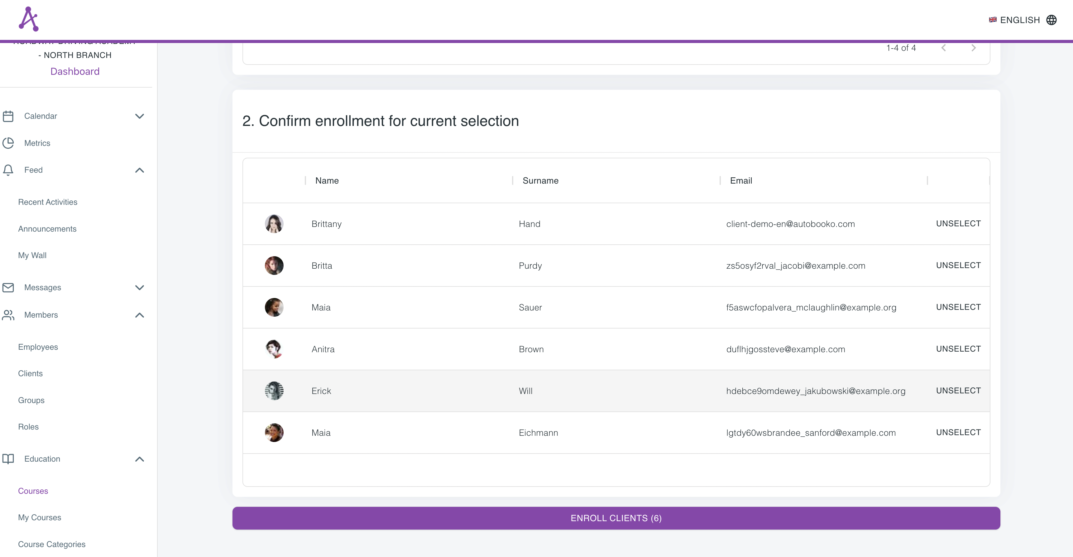 List of clients selected to be assigned to a course