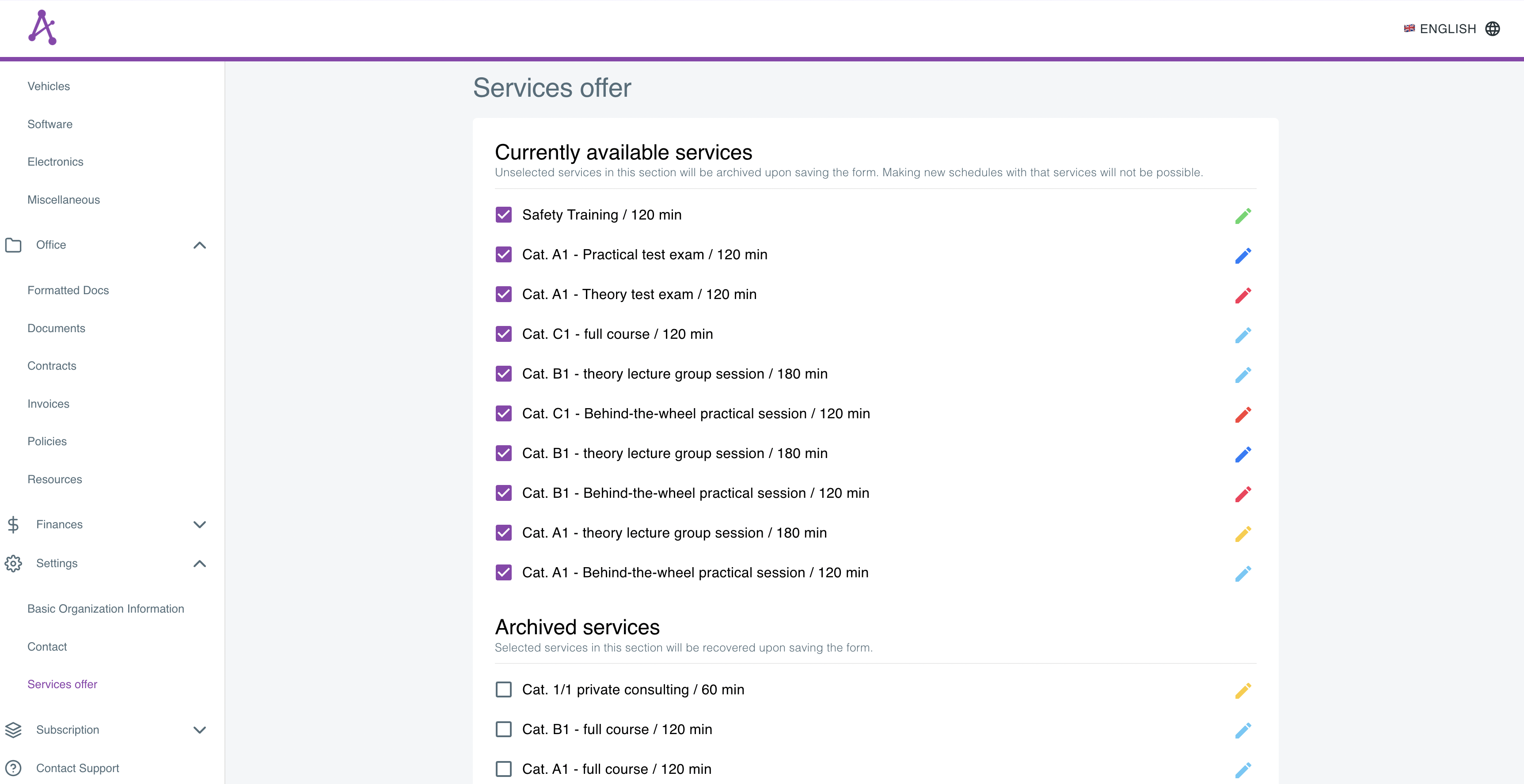 Enumerated services with the option to activate/deactivate and edit