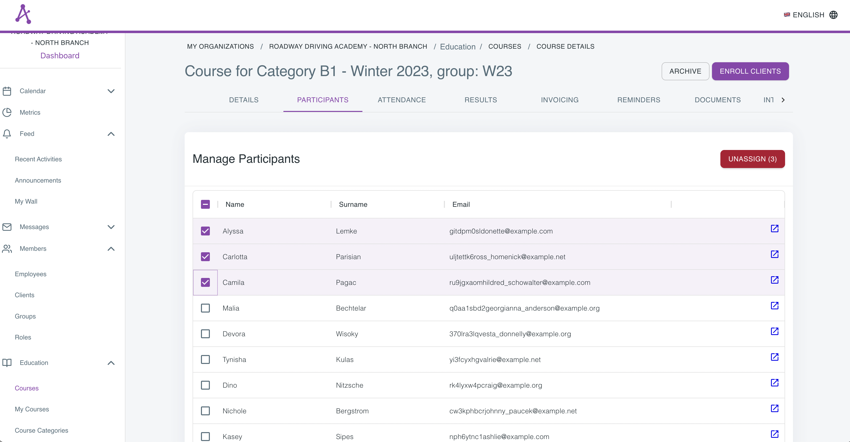 List of course participants selected to be removed from a course